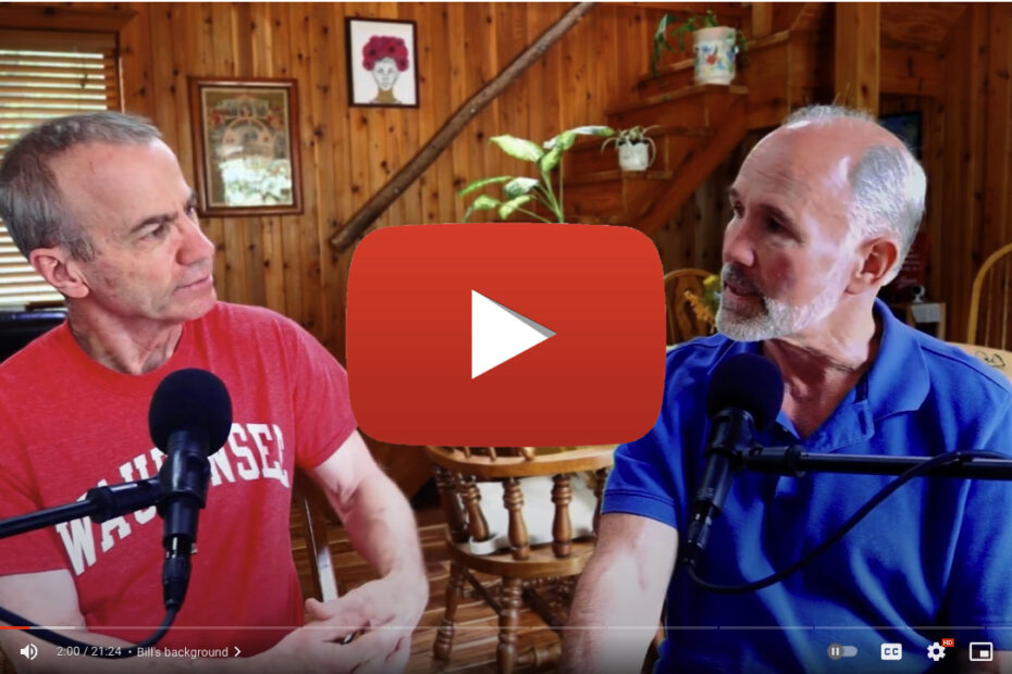 Jim Larson and Bill Warner are seated in Jim's home, with two microphones. They are looking at each other with thoughtful expressions.